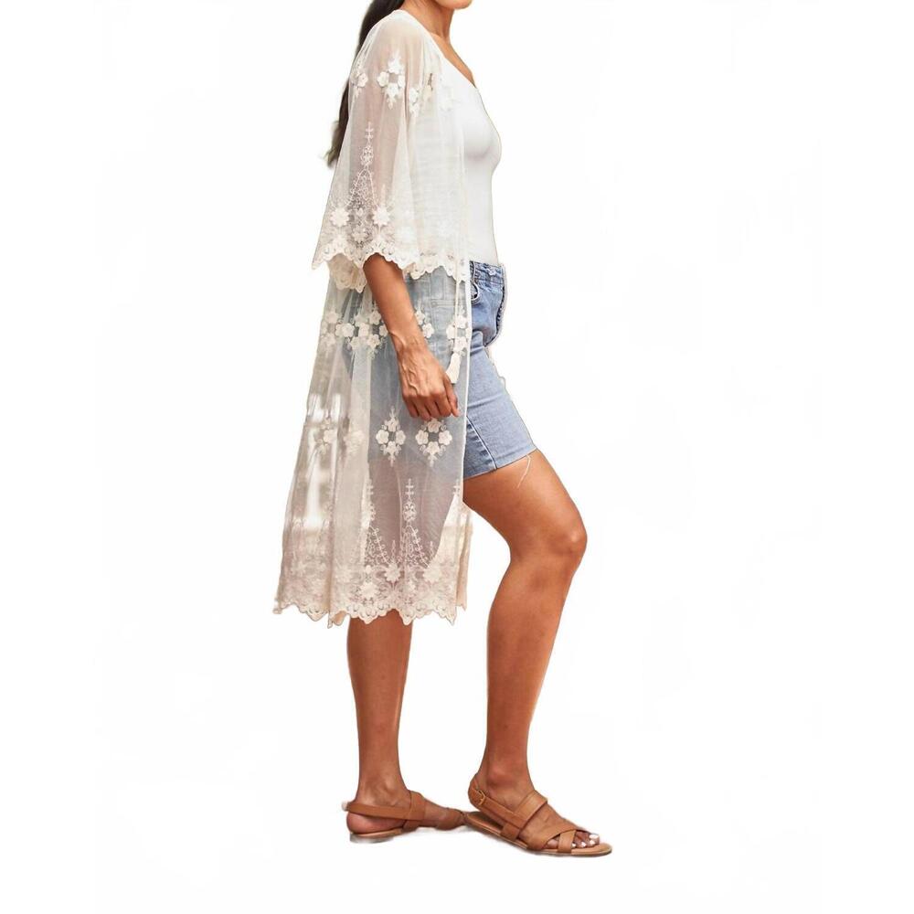 NEW PAPARAZZI embroidered mesh duster with tie front in natural - Picture 8 of 8